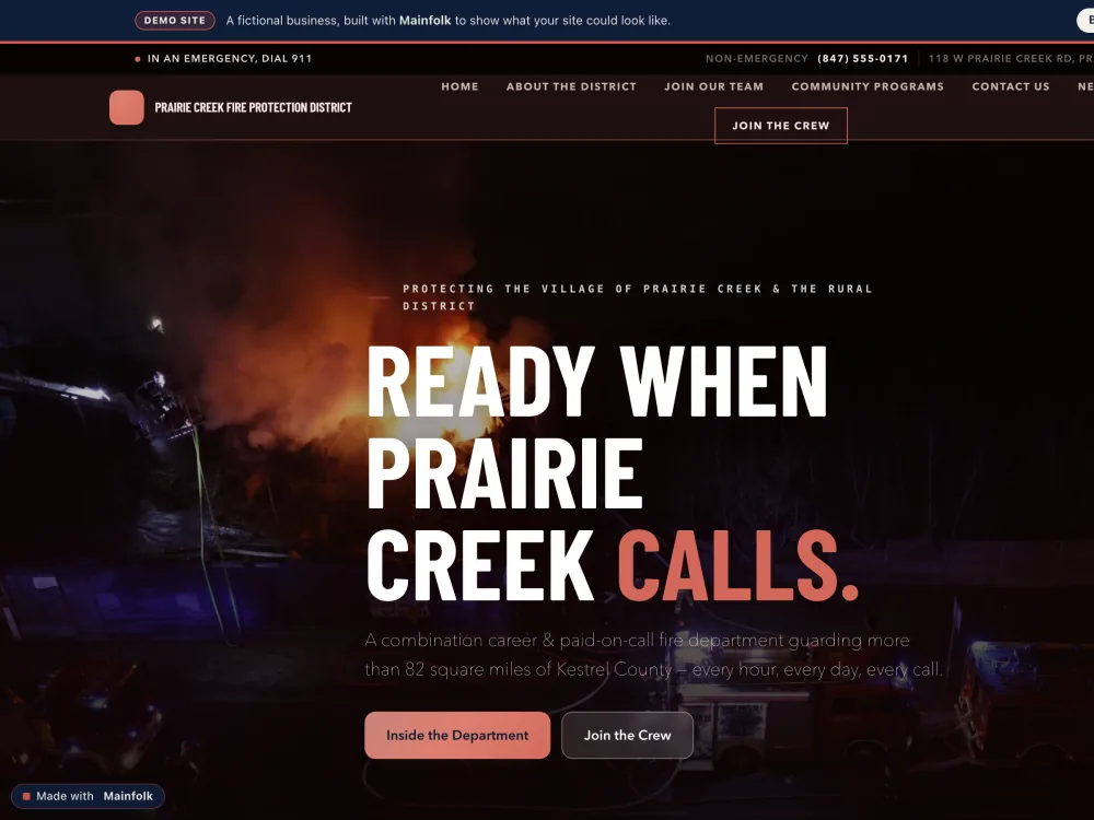 Prairie Creek Fire Protection District — a complete fire department website built end-to-end with Mainfolk