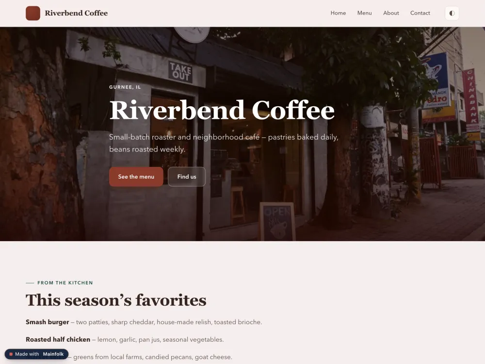 Riverbend Coffee — a neighborhood caf&eacute; website built end-to-end with Mainfolk