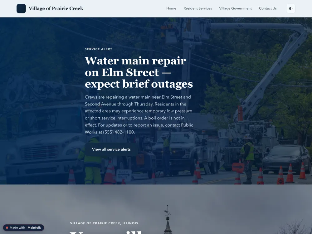 Village of Prairie Creek — a municipal government website built with Mainfolk, showing a public service alert