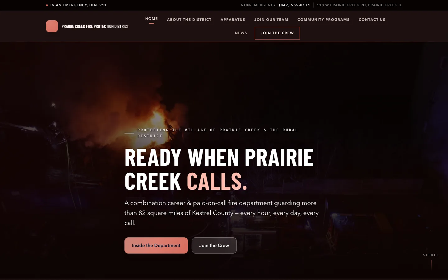 Demonstration fire protection district website built on Mainfolk, showing an emergency alert banner and recruitment page.