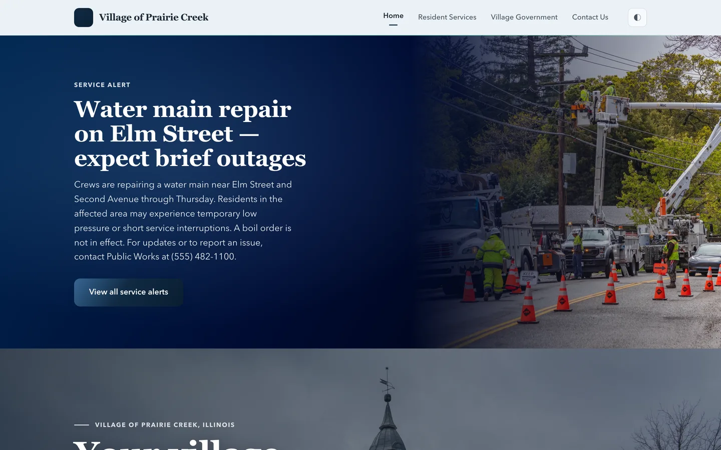Demonstration village government website built on Mainfolk, showing a services directory and meeting agendas.