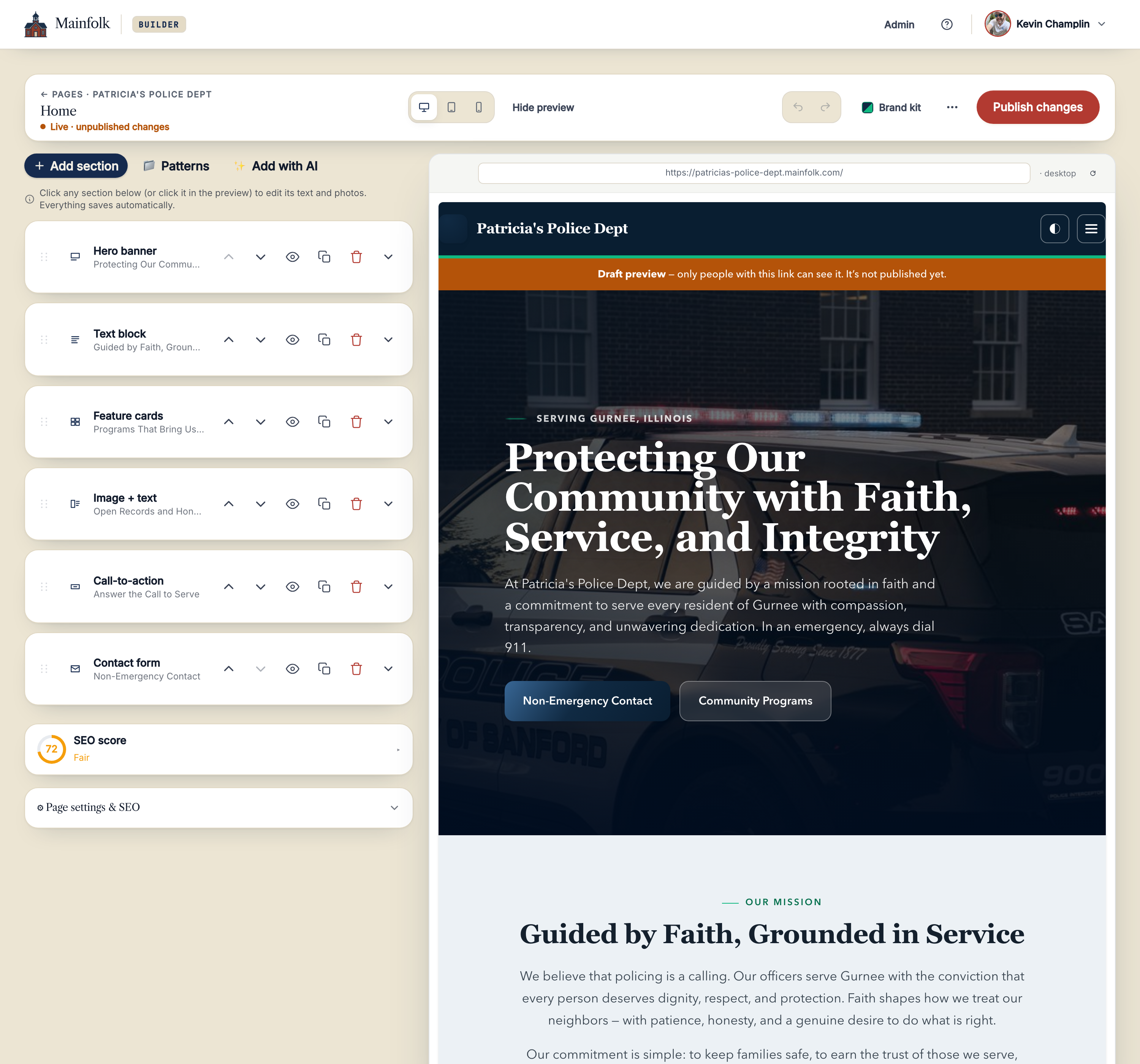 The site editor: a controls panel on the left and a live preview of the website on the right.