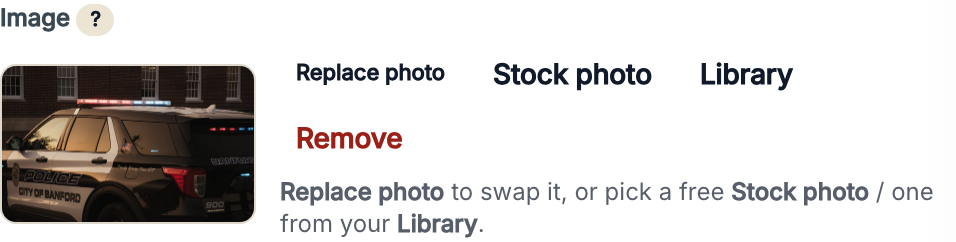 A photo control showing the current image, and buttons: Replace photo, Stock photo, Library, Remove, with a directions line.
