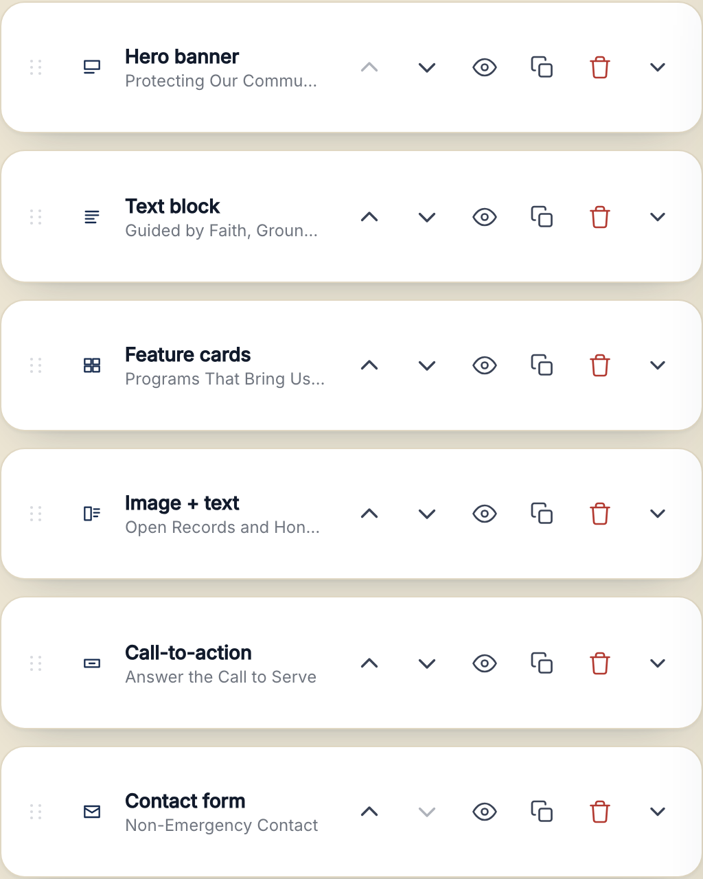 The section list: rows for Hero banner, Text block, Feature cards, Image and text, Call-to-action, and Contact form, each with a set of small action icons.