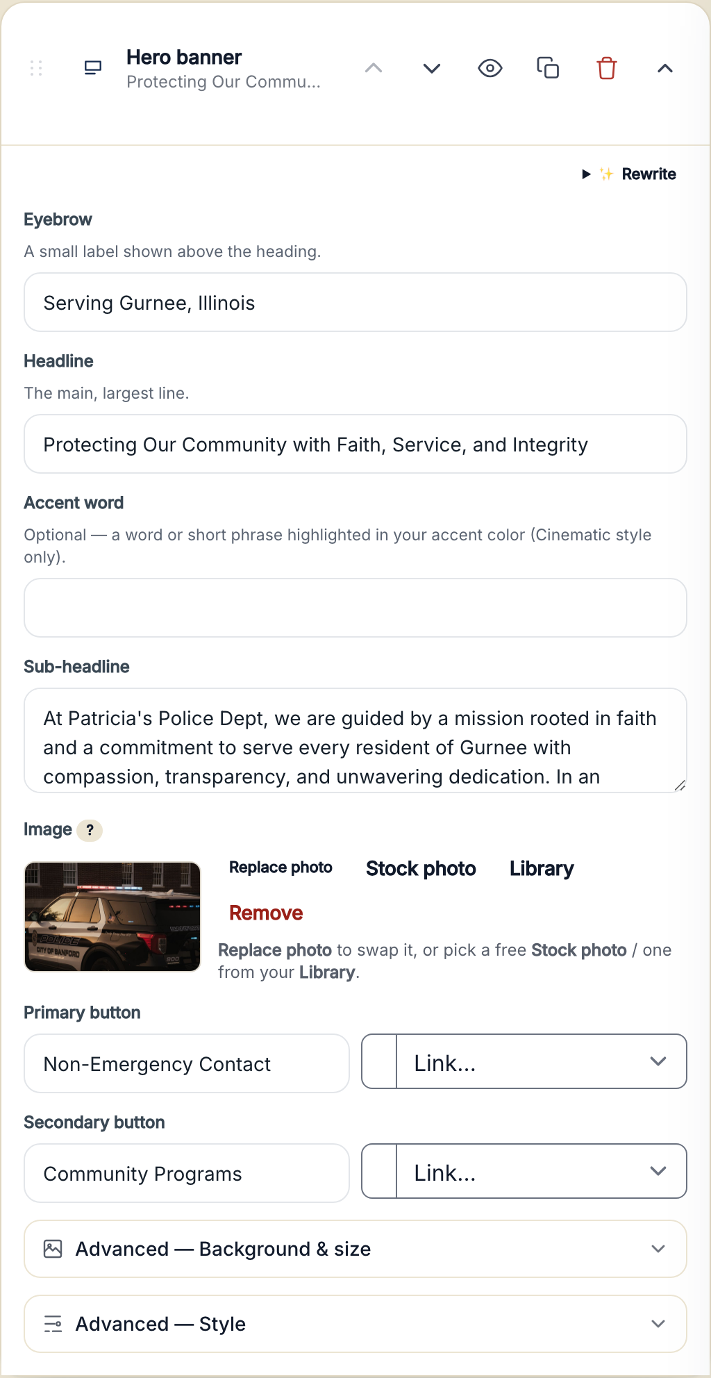An open Hero banner section showing Eyebrow, Headline, Accent word, Sub-headline, an Image control, and Primary and Secondary button fields.
