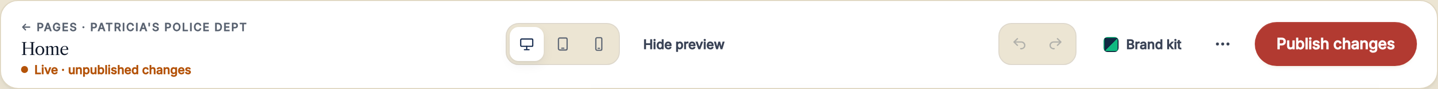 The editor top bar with page name, device preview toggles, hide preview, undo and redo, brand kit, and a red Publish changes button.
