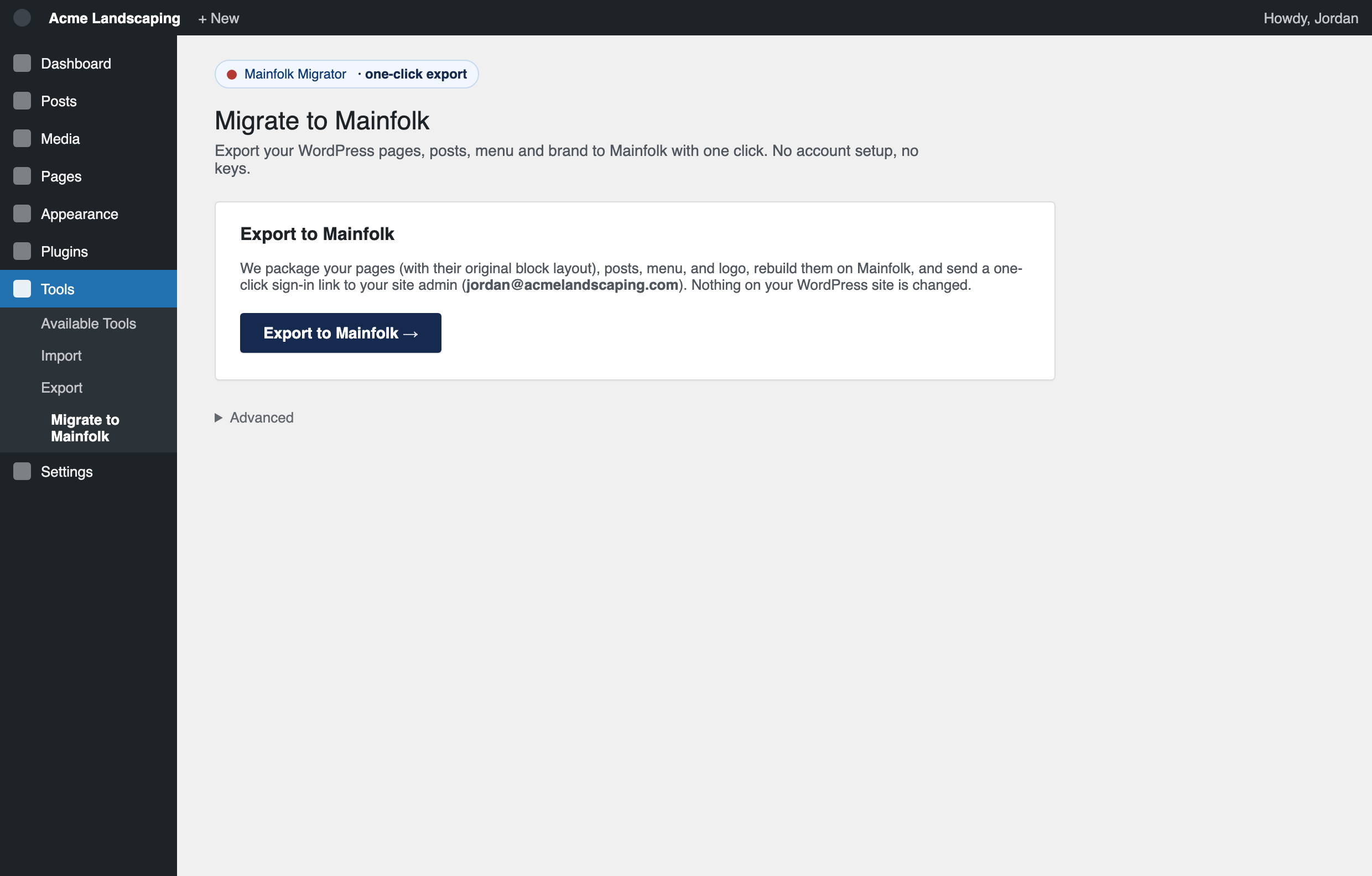 The Migrate to Mainfolk screen in the WordPress admin: a short description and a single Export to Mainfolk button, with no setup fields.