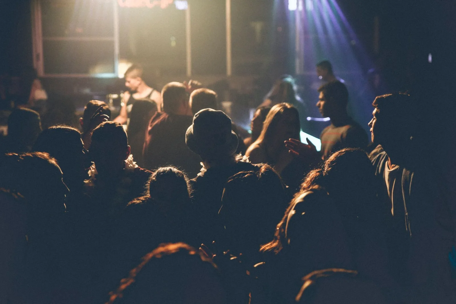 A lively crowd enjoying a concert with soft lighting and performers on stage.