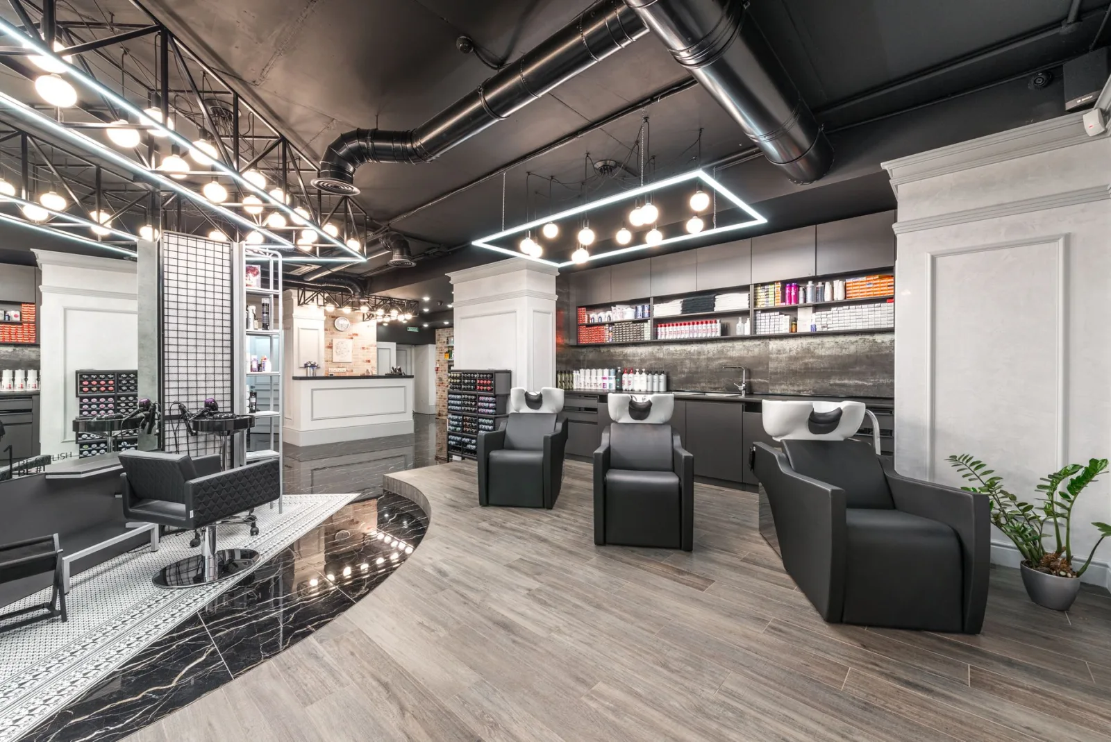 Comfortable backwash chairs with sinks near potted plant placed in contemporary beauty salon with bright illumination and abundance of cosmetology products
