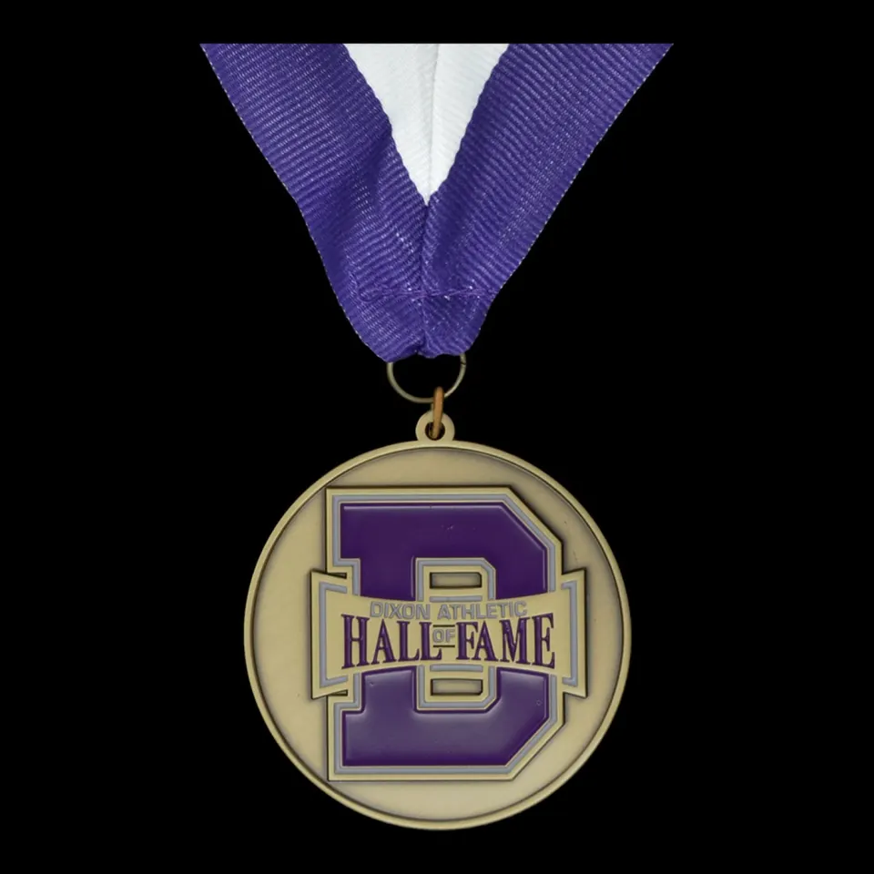 Hall of Fame medal with a purple enamel B on a purple and white ribbon
