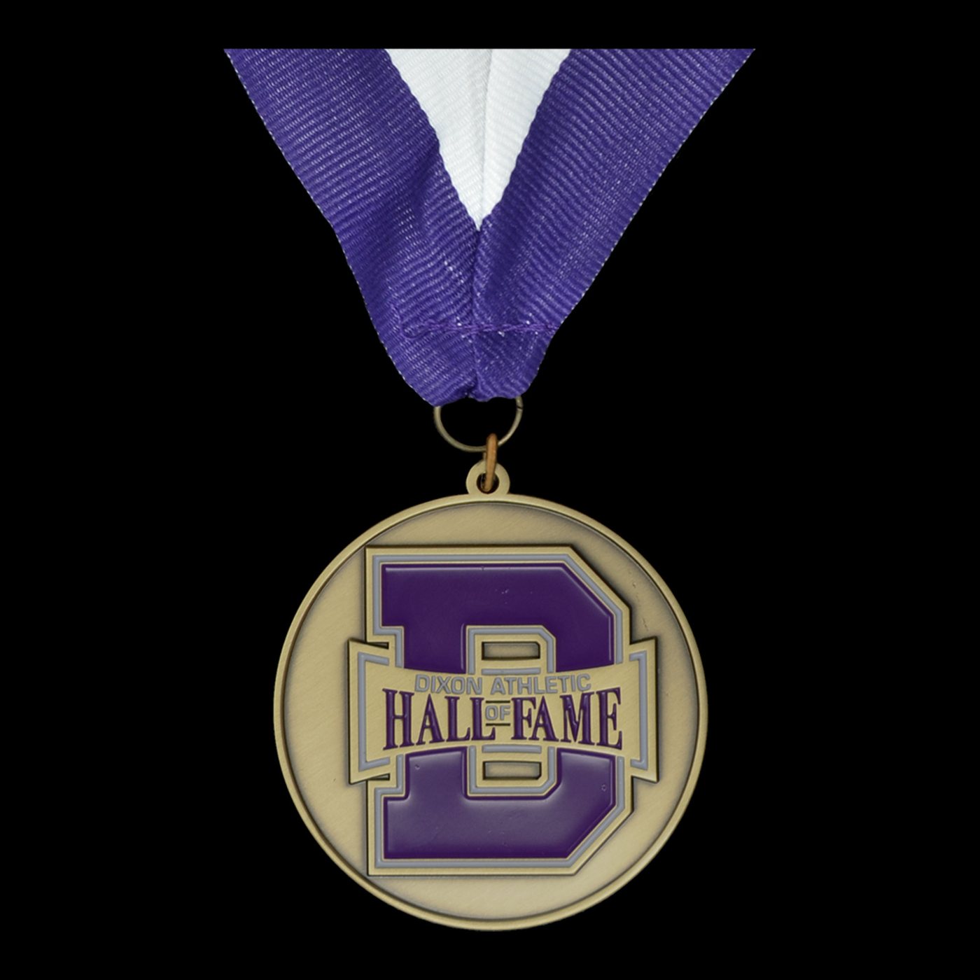 Hall of Fame medal with a purple enamel B on a purple and white ribbon