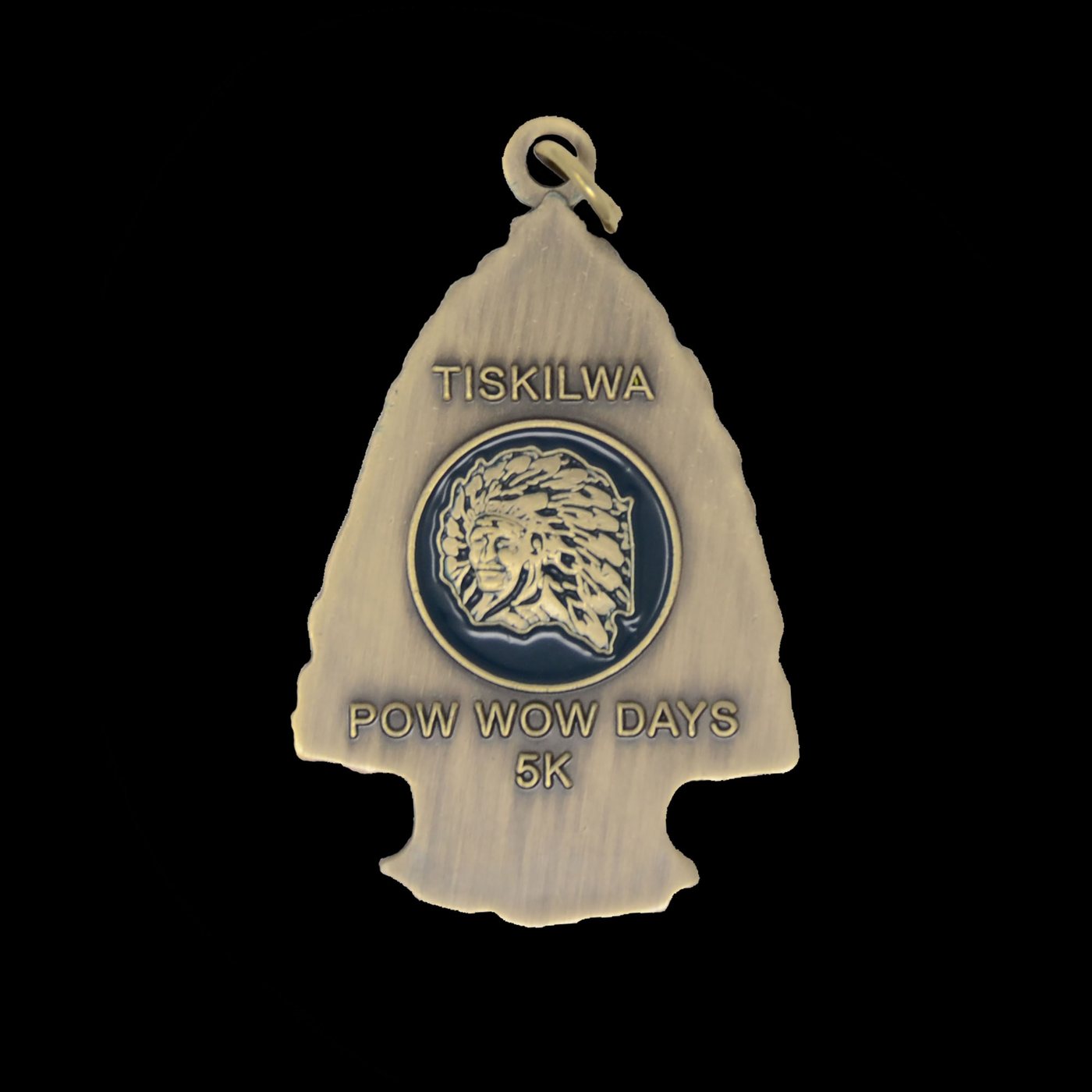 Tiskilwa Pow Wow Days 5K arrowhead-shaped race medal