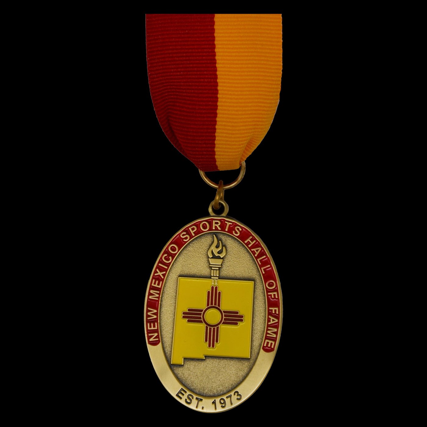 New Mexico Sports Hall of Fame oval medal with the Zia symbol and torch