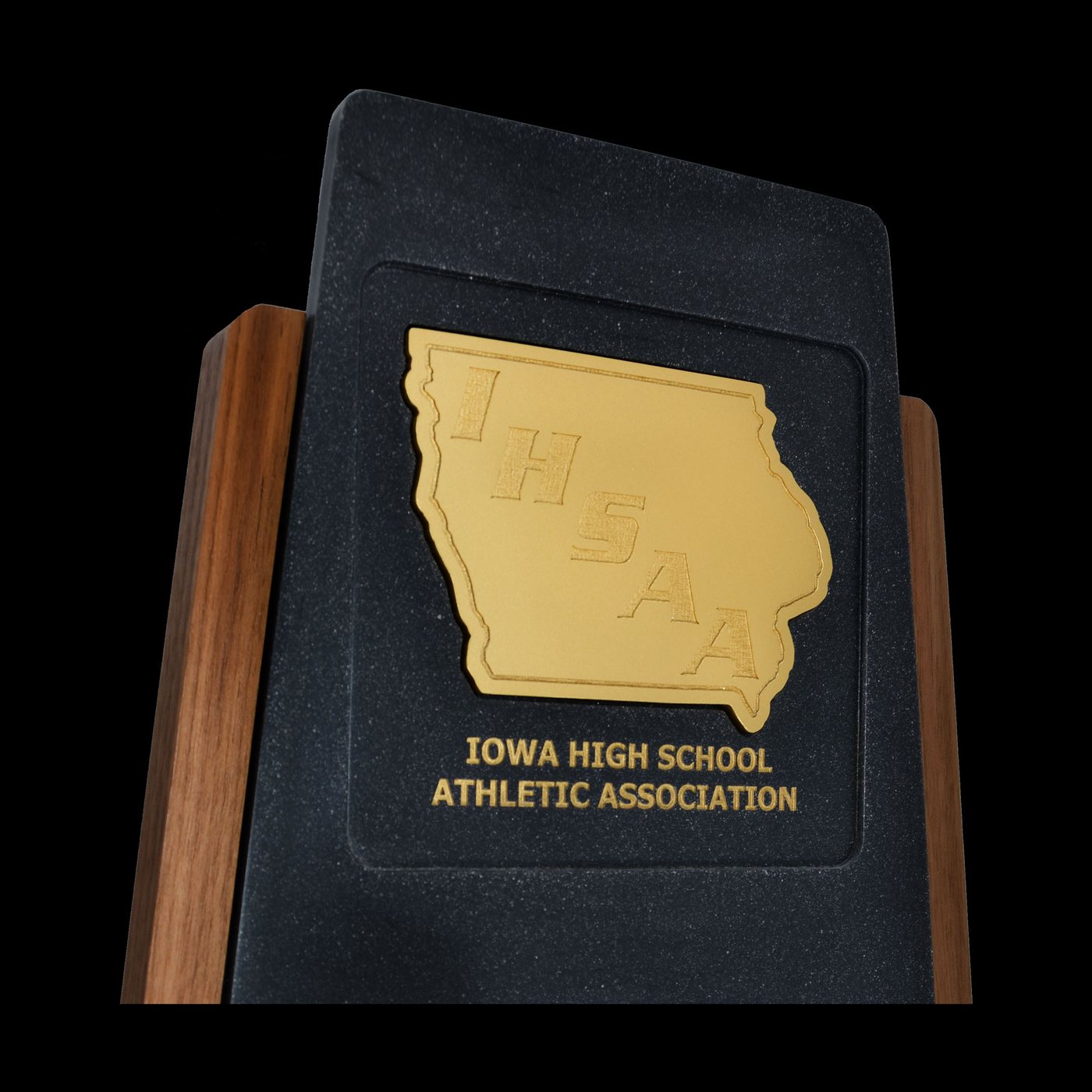 Iowa High School Athletic Association gold state outline on a black presentation plaque