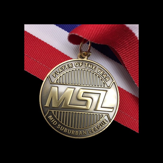 Mid-Suburban League Player of the Year medal on a red, white and blue ribbon