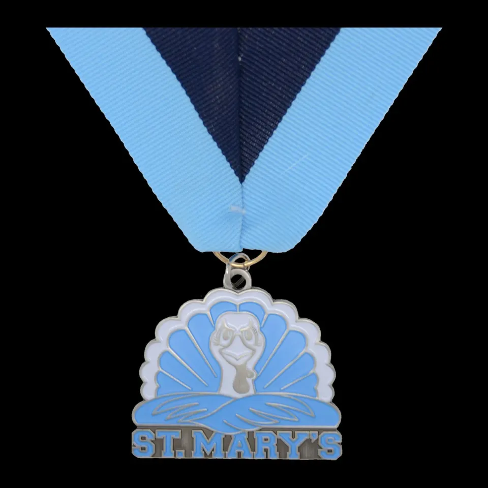 St. Mary's custom die-cut enamel medal on a two-tone blue ribbon