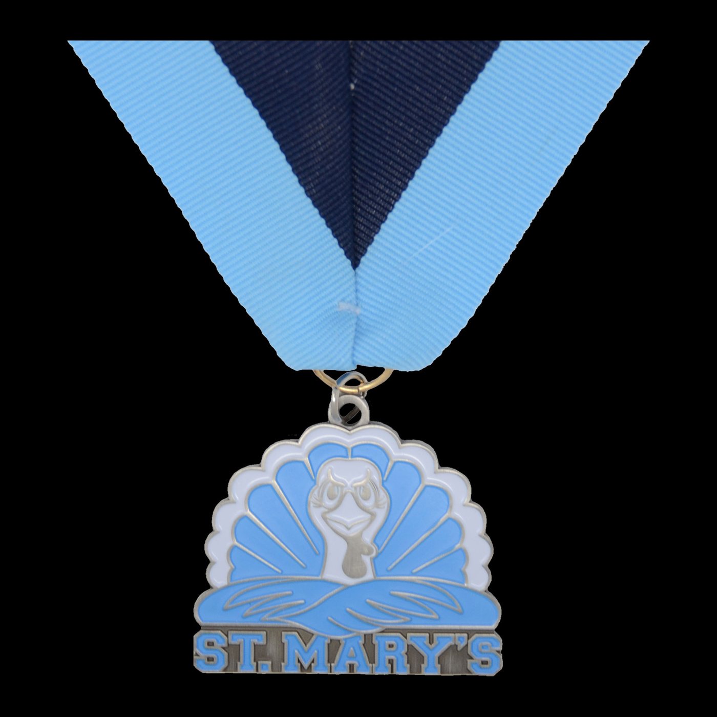 St. Mary's custom die-cut enamel medal on a two-tone blue ribbon