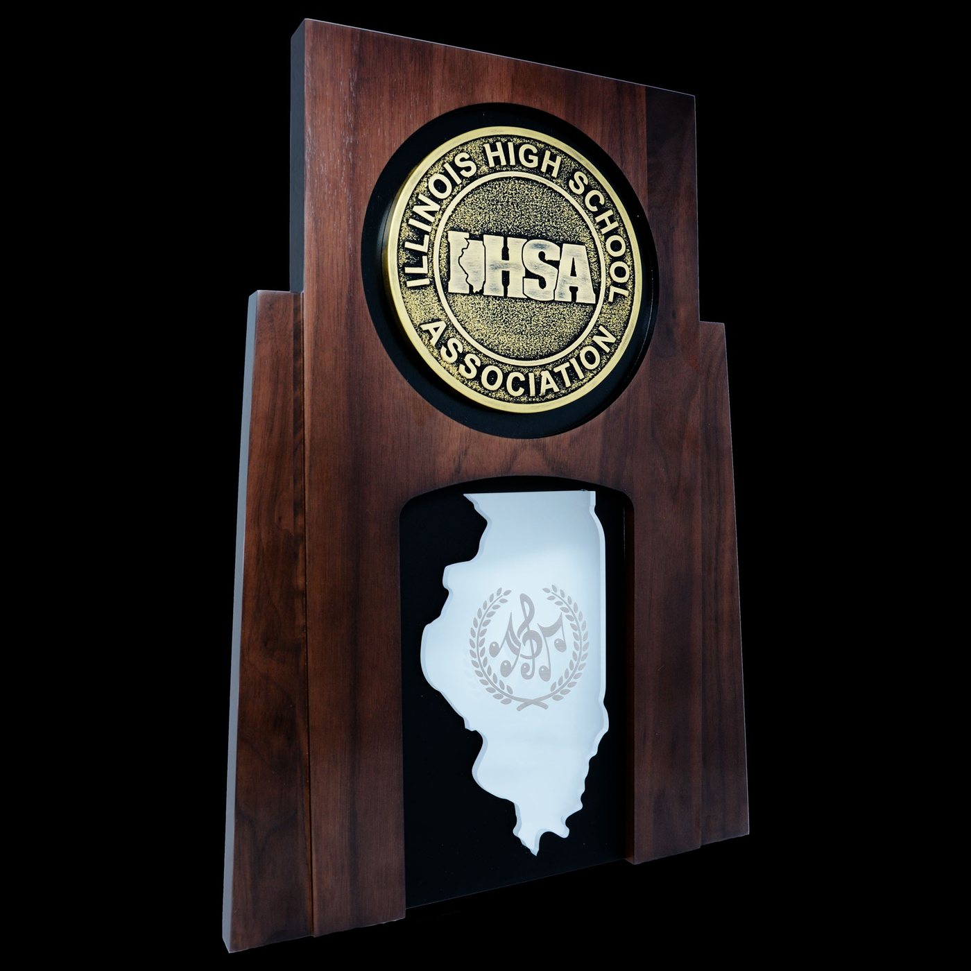 Illinois High School Association plaque with a cast medallion and state cutout