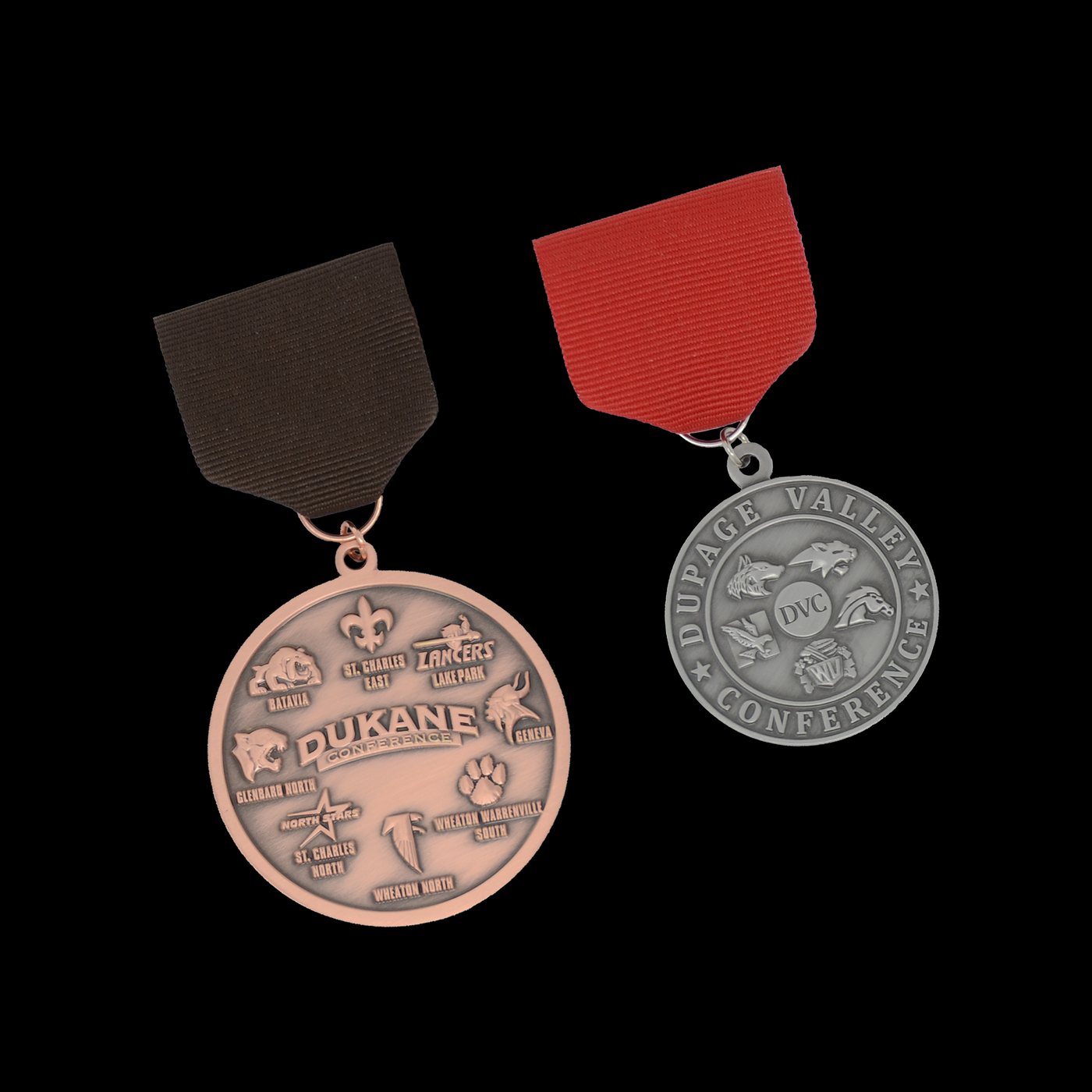 DuKane and DuPage Valley Conference pin-drape medals in bronze and silver