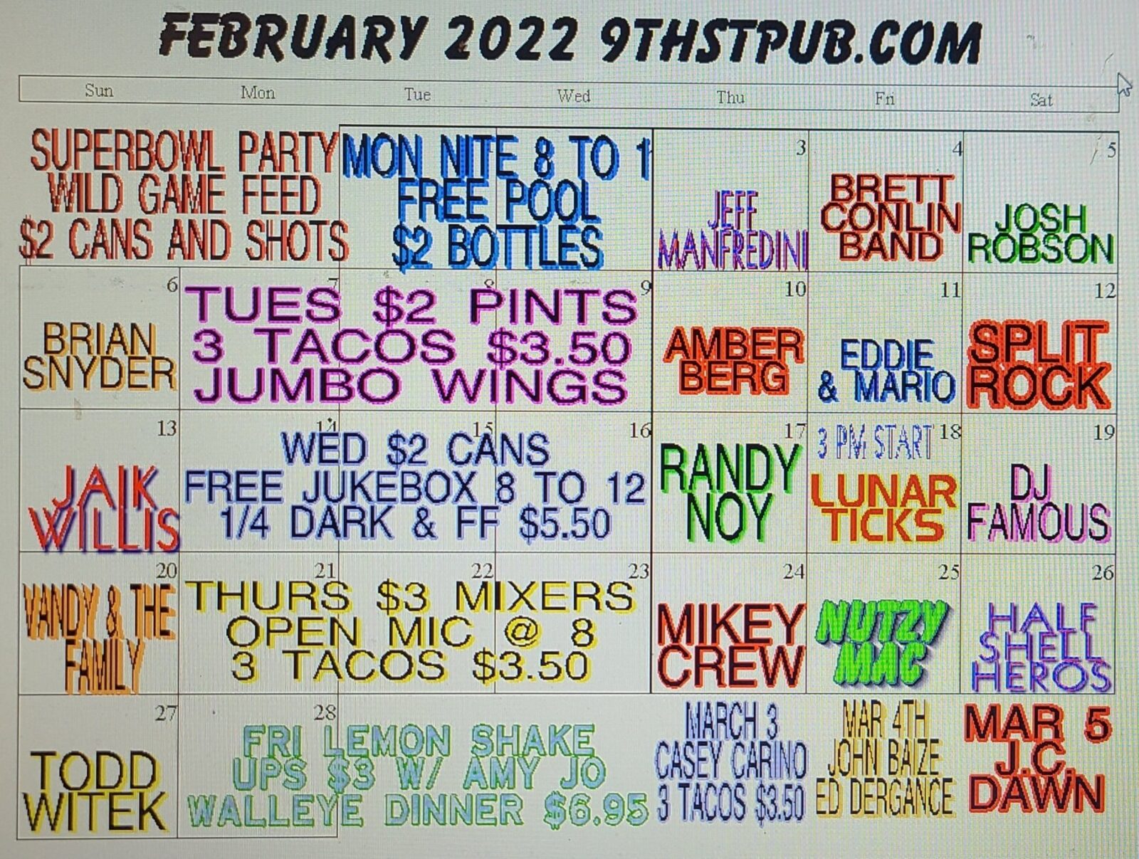 Weekly specials and events board at 9th Street Pub listing taco nights, jumbo wings, free pool, open mic and upcoming ba