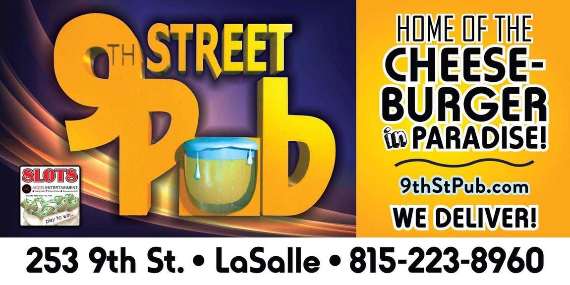 The 9th Street Pub sign at 253 9th Street in La Salle, IL, advertising the Cheeseburger in Paradise and delivery
