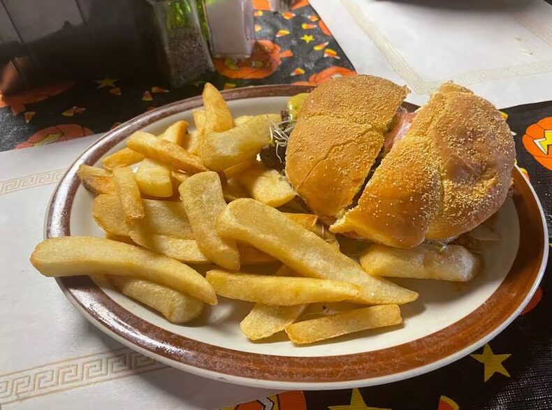 Burger and fries plated at 9th Street Pub in La Salle, IL