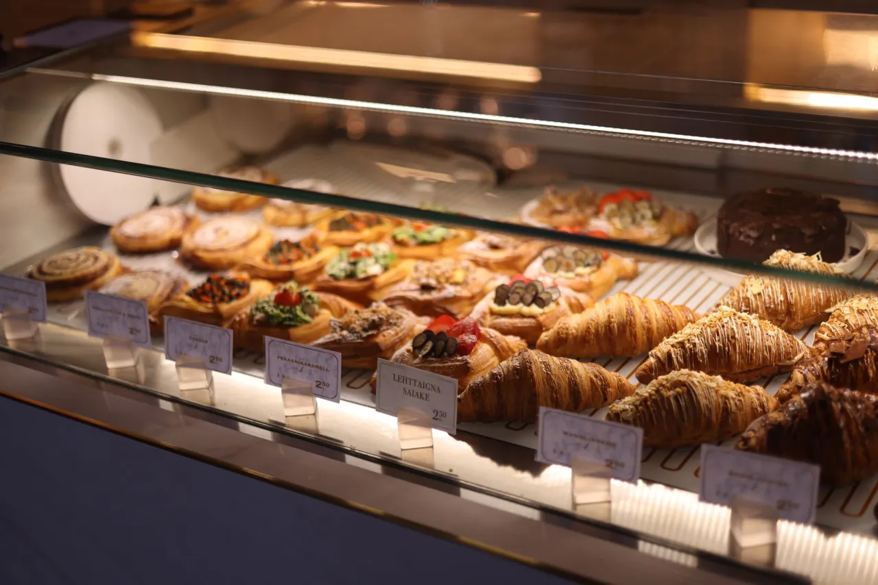 Fresh croissants and pastries in the bakery case